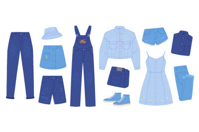 Cartoon denim clothes. Folded jeans clothing pants dresses overalls or