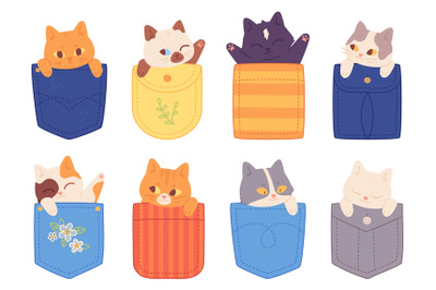 Pocket cats. Adorable kittens in big pockets, happy charming baby cat