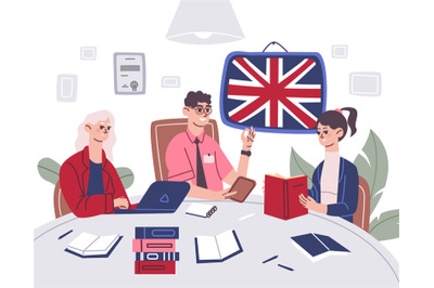 Learn english together. Students studying british language on computer