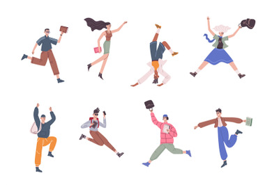 Students jumping poses. Jump diverse cartoon people, happy laughing fr