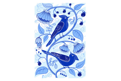 Folk birds painting. Ornament bird traditional russian folklore style