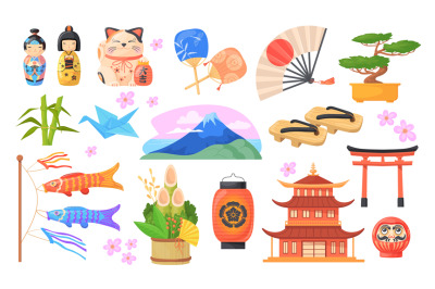 Japanese travel elements. Japan country traditional culture symbols, t