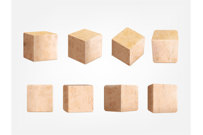 Realistic wooden blocks. 3d wood cube block with timber surface for ba