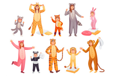 Animal pajamas. People in funny pyjamas onesie, sleepover costume paja