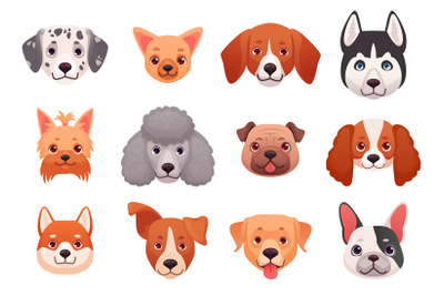 Dog faces emoticons. Breed dogs puppy heads, draw happy pets character