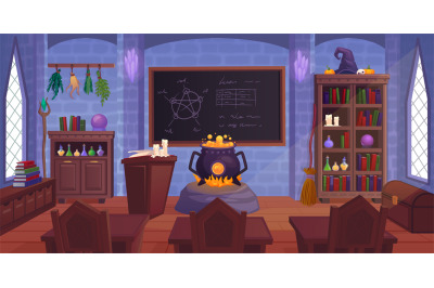 Magic room interior. Mystery library wizards school, sorceress house w