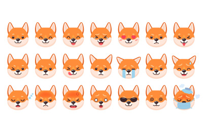 Dogs emoticons. Dog character face showing expressions and emotions, k