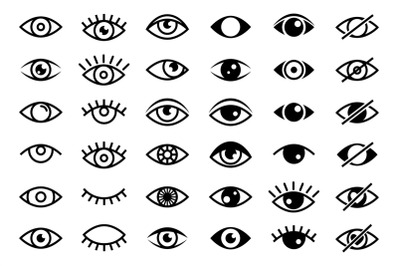 Beautiful black eyes icons collection. Images of open and closed eyes,