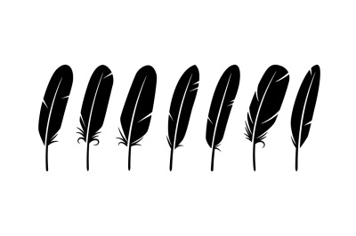 Black silhouettes of a bird feather collection. Vector isolated on whi