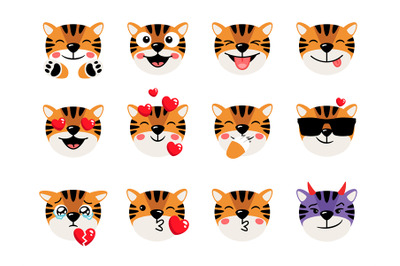 Cartoon cute animals head with facial expressions. Tiger icons set of