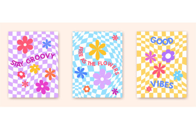 Checkered groovy flower. Hippie floral boards with inspirational sloga