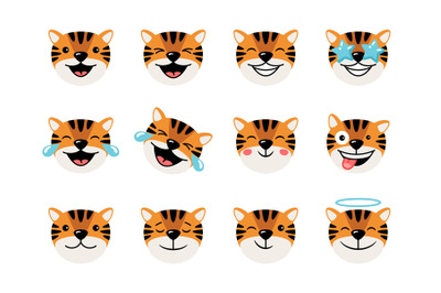 Cheerful joyful tigers heads with emoticons, cartoon characters, masco