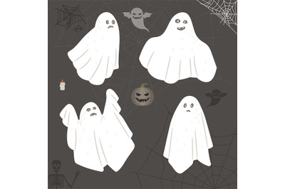 Collection of cute cloth Ghosts with cartoon scary, spooky and funny f