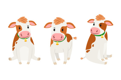 Collection of cute cows. Little white calves with red spots and bells