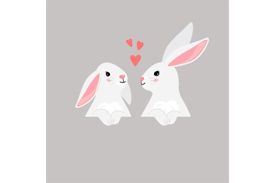 Couple of funny bunny pets with hearts. Cartoon cute easter characters