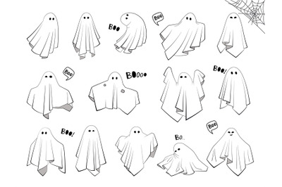 Creepy boo characters for kids. Set of cute cloth Ghosts with cartoon