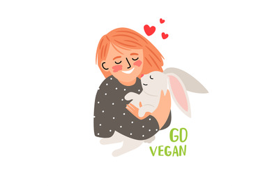 Cute kind girl hugs the white little rabbit. Go vegan. Vector illustra