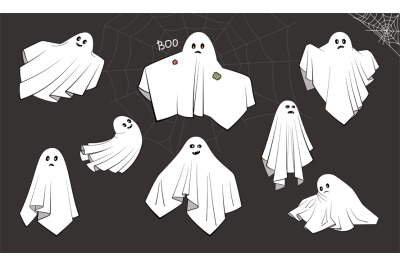 Different cloth Ghosts with scary, spooky, happy and funny faces. Coll