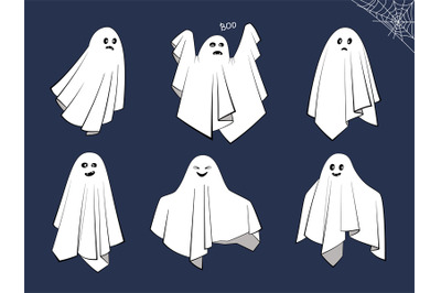 Different cloth Ghosts with scary, spooky, happy and funny faces. Coll