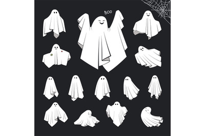 Different cute cloth Ghosts with scary, spooky, happy and funny faces.