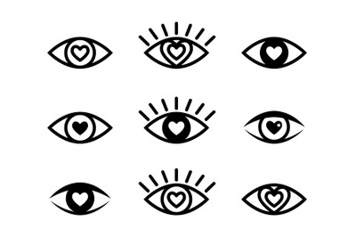 Enamored black eyes icons collection. Images of in love eyes, vector o