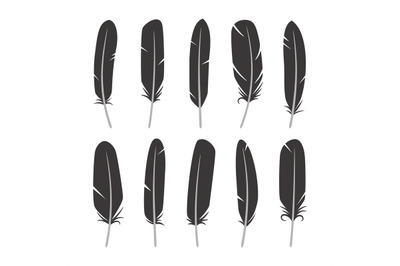 Feathers icon set in flat style. Black silhouettes of a bird feather c