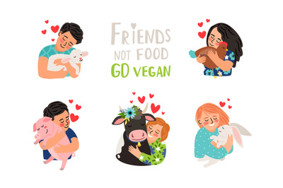 Friends not food. Go vegan. Little kind kids hug small baby animals an