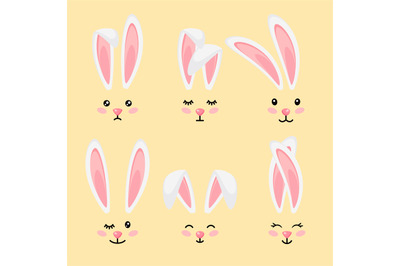 Funny bunny face filter masks. Rabbits ears with eyes and whiskers, cu