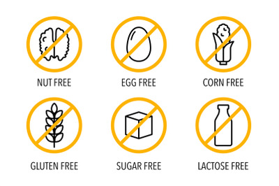 Gluten, sugar free, lactose intolerant. Set of isolated vector label i