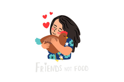 Go vegan. Vector illustration about friendship between people and anim