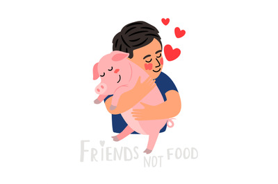 Happy kind boy hugging a piglet and shows his love to animals. Nature