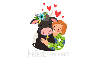 Happy kind girl shows her love to animals and hugging a cow. Nature re