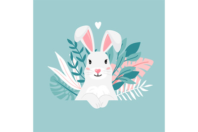 Happy white bunny with leaves and heart for your design. Cartoon cute
