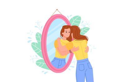 Hug self in mirror. Woman model hugging own reflection, esteem accept