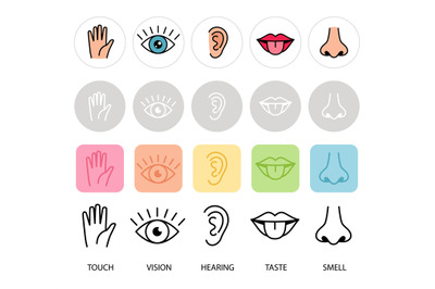 Human feelings. Five senses vector illustration. Lips, hand, nose, eye