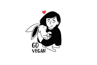 Kind girl hugs the little happy rabbit. Go vegan. Vector illustration