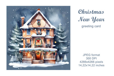 Christmas house watercolor greeting card. New Year, Christmas. Winter