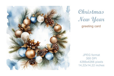Christmas wreath greeting card, illustration. Happy New Year!