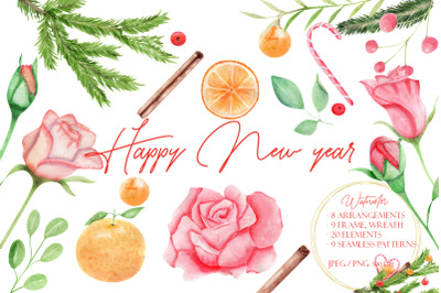 New Year, Christmas Watercolor clipart hand drawn