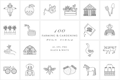 Farming &amp; gardening line icon set