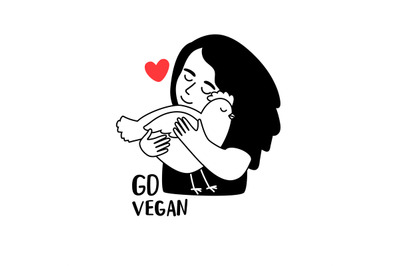 Little kind girl hugs the chicken. Go vegan. Vector illustration about