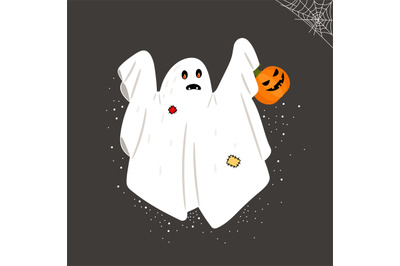 Magic cloth Ghost with cartoon scary spooky face. Cute flying phantom