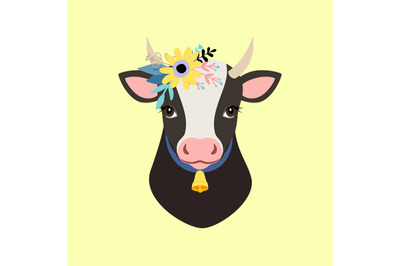 Portrait of a cow with a flower wreath and a bell. Isolated animal hea