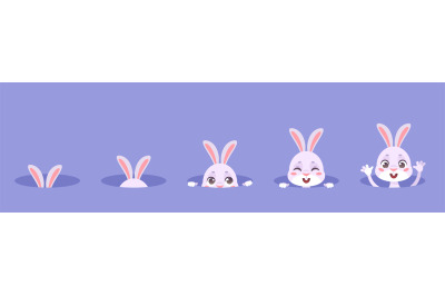 Rabbits in holes. Rabbit with ears hiding in burrow animation, easter