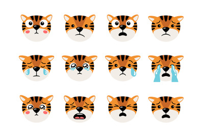 Sad crying tigers heads with emoticons, cartoon characters, mascots co