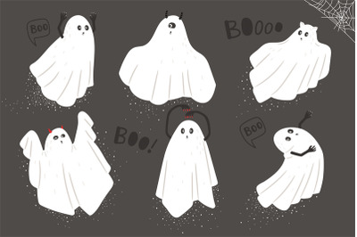 Set of cute cloth Ghosts with cartoon scary, spooky and funny faces. C