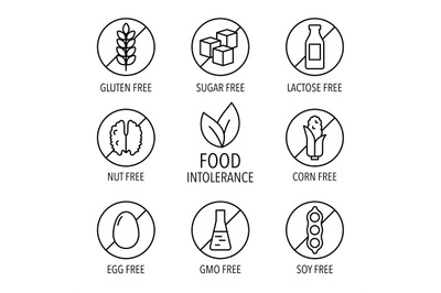 Set of isolated vector label icons for packaging design of food intole