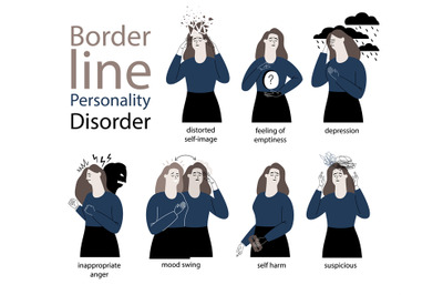 Set of vector illustrations of a woman suffering from mental borderlin