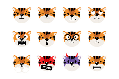 Tigers heads with emoticons, cartoon characters, mascots collection. C