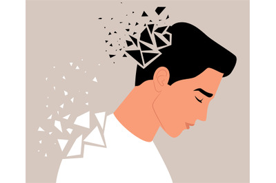 Vector illustration of a sad man broken into many fragments which show